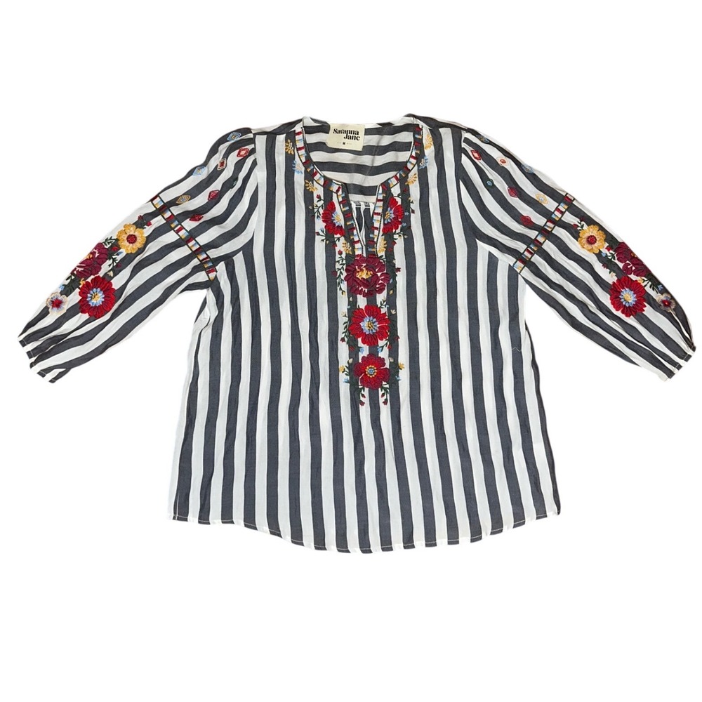 Savanna Jane Womens Medium Navy White Striped Floral Embroidered Boho Blouse Top